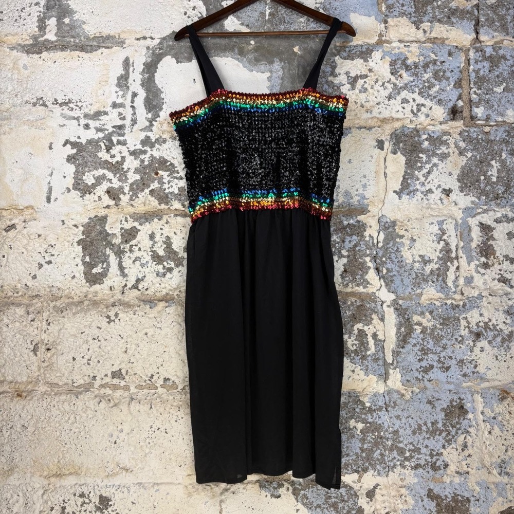Vintage Black Rainbow Sequin Bodice Sleeveless Shift Dress Size 18 1/2 Acetate